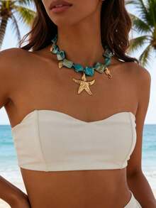 1pc Bohemian Style Ocean Vacation Gold Starfish Shell Multi-Pendant Women's Necklace, Suitable For Women's Beach Vacation, Party, Casual Wear, Multi-Functional Women's Jewelry - Durable All-Year Gift, Necklace Charm, Ocean Theme Jewelry, Stable Color Beads, Holiday Gift - Multicolor - View 4