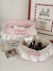 1pc Floral Lace Fabric Storage Basket Sweet Gentle Style Mother-Daughter Set Foldable Bedroom Dormitory Desktop Cosmetics Small Items Digital Products Organizer Container Home Decor Gift - View 10