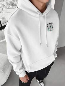 Men's Ace Of Spades Poker Card Back Print Hoodie, Vintage Poker Streetwear Loose Fit Pullover - White - View 4