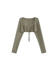 Women's Solid Color Front Tie Long Sleeve Cardigan - Army Green - View 6