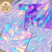 24 Folhas de Papel Decorativo para Scrapbook Holográfico Laser Fluido 6*6 Polegadas, Material de Bottom com Glitter de Penas em Gradiente Iridescente Rosa Azul Roxo em Vórtice, Sem Repetições, Papel Artesanal Estilo INS Girl, Adequado para Scrapbook Sonhador, Cartão de Aniversário de Menina, Embalagem de Caixa de Presente de Maquiagem, DIY Feito à Mão - Quadrado - Visão 3