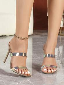 Holographic Metallic Slip On Stiletto Sandals, Square Open Toe Two Wide Straps, Thin Stiletto Heels For Party Club Outfits - 香檳色 - 查看 4