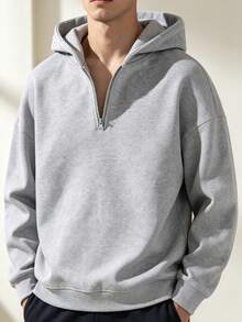 Men's Solid Color Half-Zip Sweatshirt, Loose Fit Drop Shoulder Long Sleeve Pullover, Running Fitness Cycling Sports Casual Daily Versatile Sweatshirt, Autumn/Winter - Light Grey - View 6