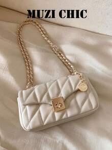 Cream White Quilted Chain Crossbody Bag, Square Gold Twist Lock Small Shoulder Bag, Round Metal Pendant, Elegant Mini Flap Bag, Suitable For Daily Dating - White - View 7