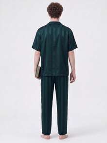 2pcs/Set Men's Pajamas Summer Short Sleeve Long Pants Satin Green Striped Casual Comfortable Spring Autumn Sleepwear Fashionable Homewear Outfit - Green - View 5