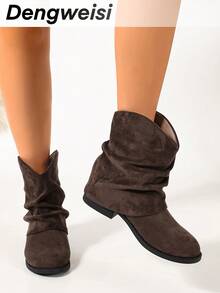 Dark Brown Chunky Heel Low Heel Round Toe Slip-On Comfortable Versatile Punk European American Office Commute Daily Vacation Street Fashion Women's Boots - Coffee Brown - View 7