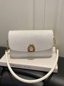 Borsa baguette in PU lucido con stampa coccodrillo, chiusura a torsione in metallo, catena a spalla/crossbody - Bianco - Visualizzare 9