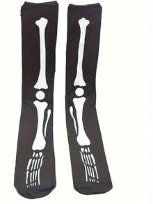 1/3 Pairs Black Knee-High Socks With Dark Skull Pattern, Suitable For Halloween, For Teenagers - View 6
