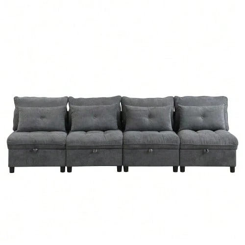 [Cloud Modular Sofa] 4-Seater Modular Separable Sofa Set: Freely Combinable + Storage Space Under All Seat Cushions + Sleeping Function + Chenille Cover, Free Room Design With Living Room Sofa Bed Combination - Antique Gray - View 1