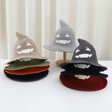Knitted Witch Hat, Glowing Pumpkin Face Wide Brim Pointed Witch Hat, Halloween Cosplay Party Holiday Costume Accessory - Glow-in-the-dark Pumpkin - View 3