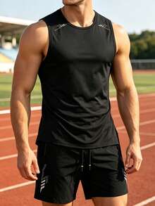 Men's Basic Solid Color Sleeveless Tank Top & Drawstring Bermuda Shorts Set, Sports Black - Black - View 4