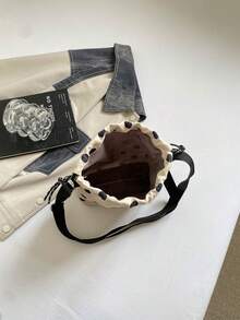 1 pieza Bolso cubo de nailon de unicolor con cordón y patrón de lunares, bolso bandolera de moda para mujer - Beis - Ver 5