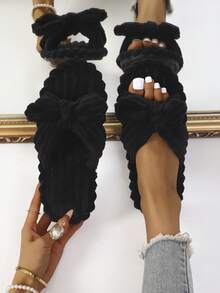 Autumn/Winter Bowknot Open-Toe Slippers, Soft-Sole Indoor House Slippers, Suitable For Wooden Floors, Spring/Autumn Corduroy Slippers, Fluffy Slippers - Black - View 1