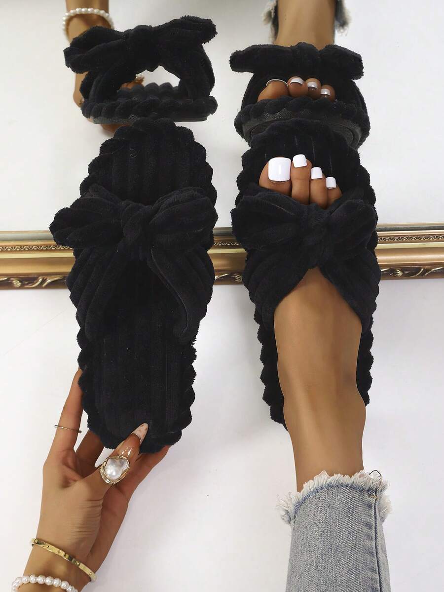 Autumn/Winter Bowknot Open-Toe Slippers, Soft-Sole Indoor House Slippers, Suitable For Wooden Floors, Spring/Autumn Corduroy Slippers, Fluffy Slippers - Black - View 1