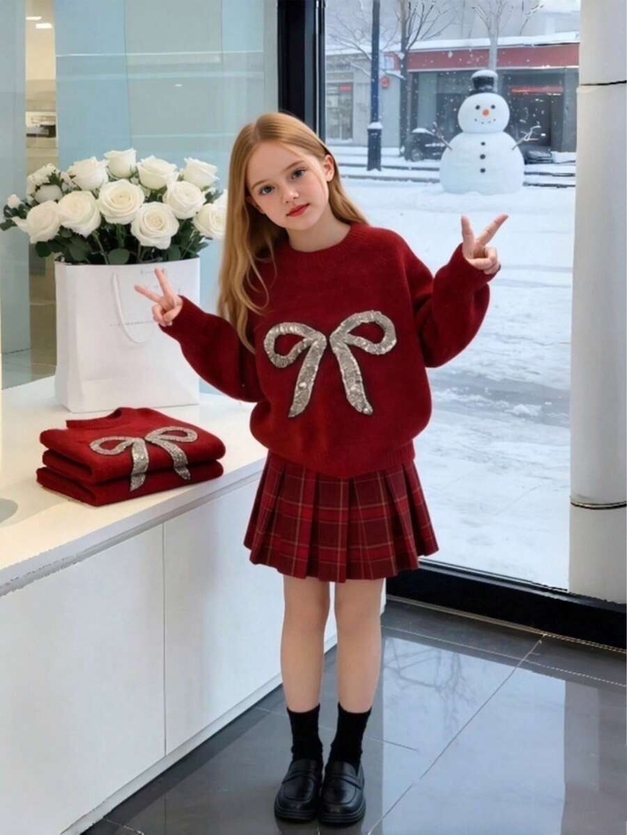Girls' Red Christmas Cartoon Bow Sweater, Versatile Autumn/Winter Single Piece - Red - View 1