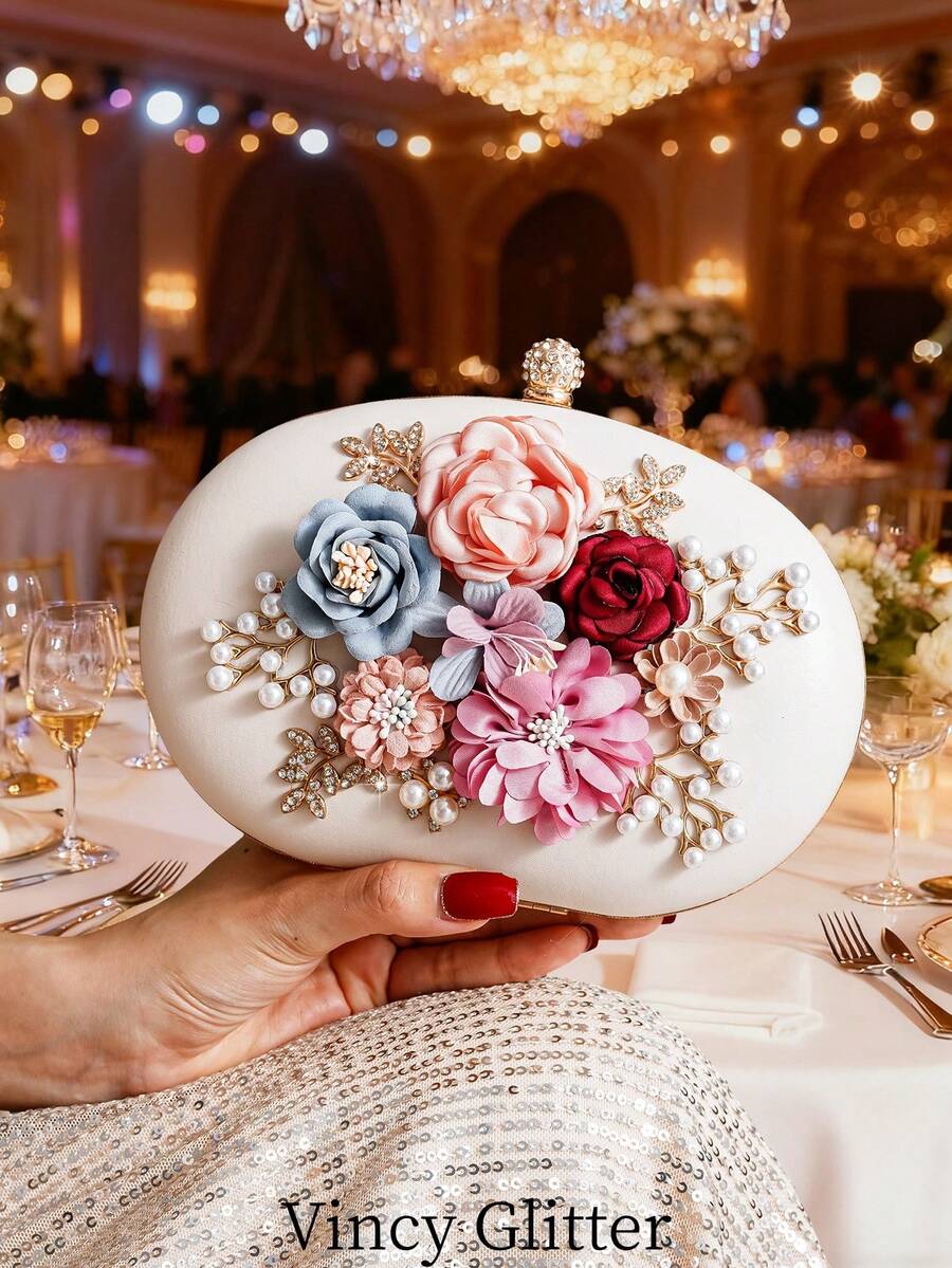 Evening Clutch Bag Fashion Floral Rhinestone Decor Handbag Oval Small Round Bag Shoulder Crossbody Chain Bag Handheld Bag Evening Bag For Women - Apricot - View 1