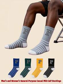 Checkered P Letter Mid-Calf Socks, Unisex All-Season Versatile Casual Sports Sweat-Absorbent Odor-Resistant Socks - Multicolor - View 3