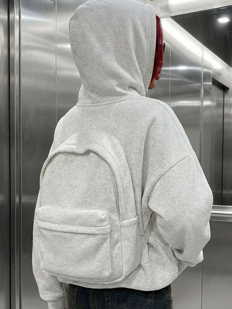 女款休閒抓絨拉鍊口袋寬鬆衛衣,適合秋冬日常穿著與外出 - 白花灰色 - 查看 1