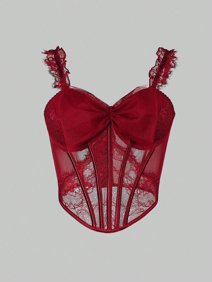 Sheer Floral Mesh V-Neck Cinched Waist Romantic Short Camisole Top - Red - View 1