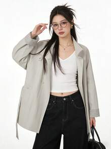 Korean Style Elegant 2026 Early Autumn New Vintage Mid-Length Leather Jacket Button-Up Top For College Office Daily Wear Spring Autumn - Apricot - View 7