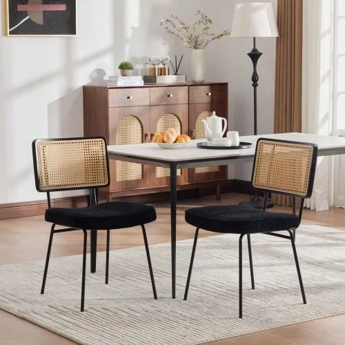 Modern Dining Chair, Set Of 2, Chenille Upholstery, Armless, Solid Wood Frame On The Backrest, Rattan Look, Adjustable Metal Legs - Black - View 1