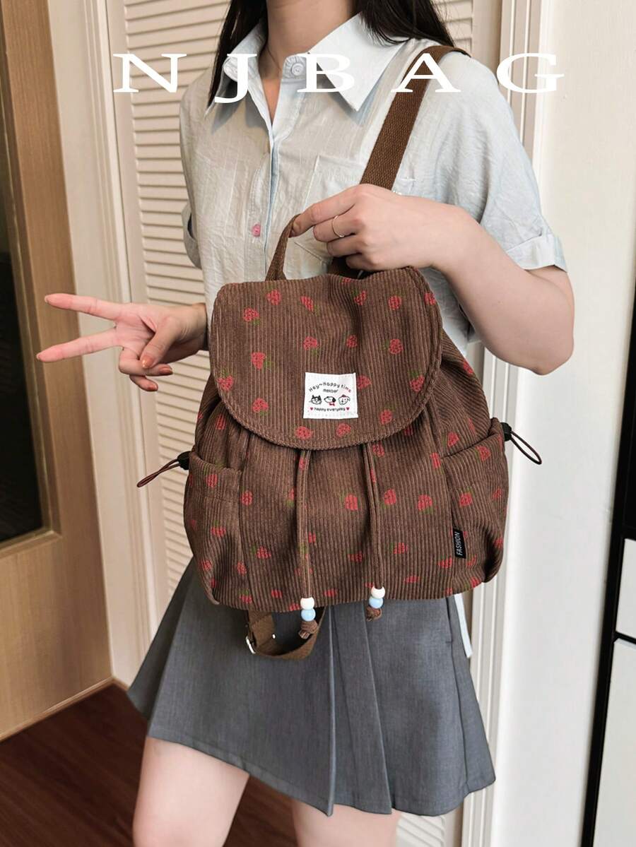 韓系大容量草莓圖案翻蓋後背包，小眾極簡藝術風抽繩翻蓋背包，經典度假旅行通勤上班適用包