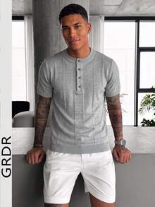 GRDR Men's Henley Collar Minimalist Knit Short Sleeve Top - Light Grey - View 1