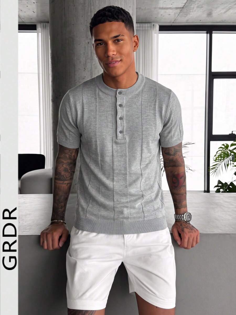 GRDR Men's Henley Collar Minimalist Knit Short Sleeve Top - Light Grey - View 1