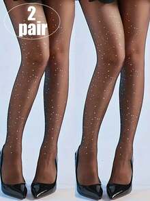 2 Pairs Black Sparkling Galaxy Sequin Shiny Ultra-Thin Slimming Bling Starry Leggings Tights For Summer - Black - View 1