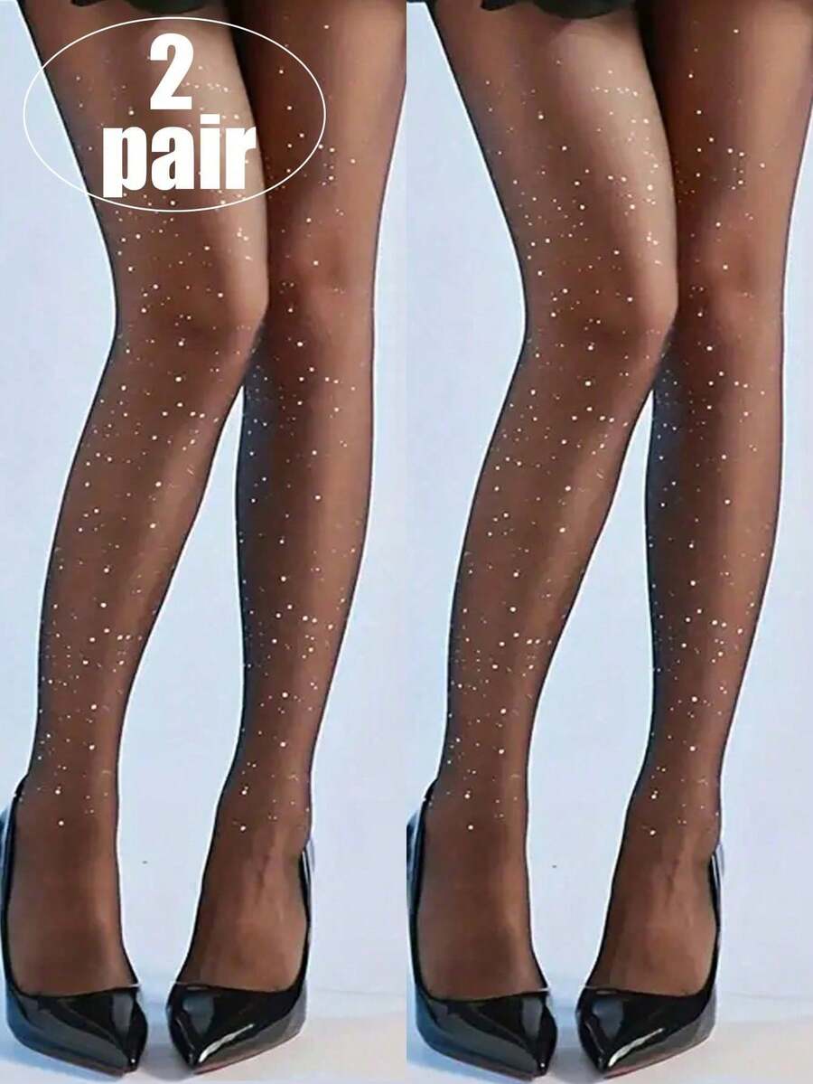 2 Pairs Black Sparkling Galaxy Sequin Shiny Ultra-Thin Slimming Bling Starry Leggings Tights For Summer - Black - View 1