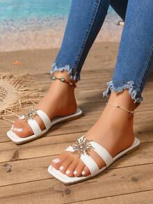 1 Pasang Sandal Selop Datar Bohemian dengan Dua Tali, Sepatu Serasi untuk Liburan Pantai - Putih - View 5