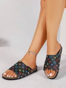 Women's New Summer Fashion Comfortable Colorful Vintage Floral Print Slip-On Thick Sole Sandals, PU Upper With Metal Rivet Trim, Soft Elastic Skin-Friendly Insole, Cork-Textured Thick Anti-Slip Outsole, Classic All-Over Print Retro Stylish Design, Simple Loose Fit, Easy On And Off, Suitable For Home, Beach Vacation, Shopping, Casual Wear, Light Luxury Casual Style - Black - View 7
