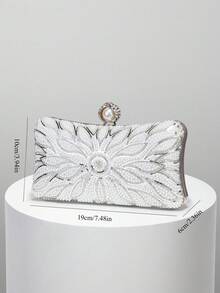 Women's Elegant/Pearl Pattern Design Box Clutch Evening Bag, Romantic Wedding Handbag, Charming/Exquisite Evening Gown Bag, Shiny White Box Clutch With Chain, Perfect Holiday Gift Choice. Comes With Metal Chain. - Silver - View 5