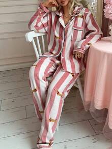 2pcs/Set Women's Winter Striped Dachshund Pattern Plush Thickened Thermal Lined Long Sleeve Top And Long Pants Pajama Set - Pink - View 6