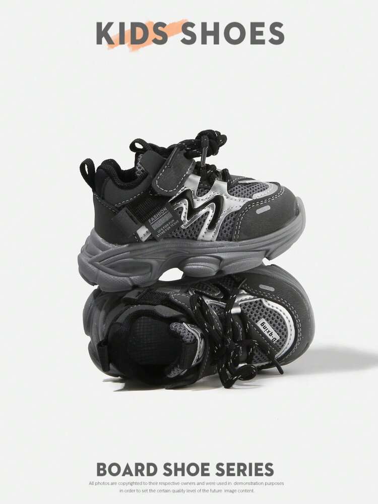 1 Pair Black Mesh Kids Chunky Sneakers, Breathable Unisex Toddler Hook And Loop Sneakers, Soft Sole Anti-Slip Walking Shoes, Suitable For All Seasons - Black - View 2