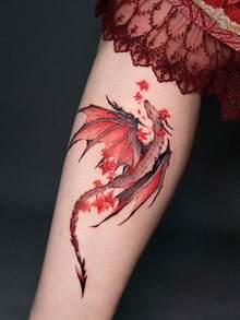 1pc Red Gray Gradient Flying Dragon Red Maple Leaf Slim Vertical Strip Temporary Tattoo Sticker, Realistic Fake Tattoo Design, Suitable For Daily Bachelorette Party Favors, Music Festivals, Gaming, Graduation Gifts, Lasts 3-5 Days - Multicolor - View 5