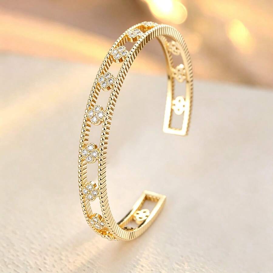 1pc Fashionable Hollow Flower Design Cuff Bracelet Inlaid With Artificial Zirconia For Women - Multicolor - View 1