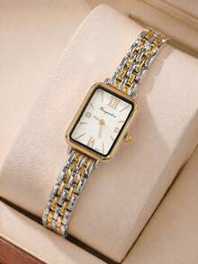 Luxury Two-Tone Rectangular Women's Watch, Roman Numerals, Gold & Silver Chain Strap, Quartz Wristwatch, Birthday, Christmas, Valentine's Day Gift For Her - Silver and Gold - View 20