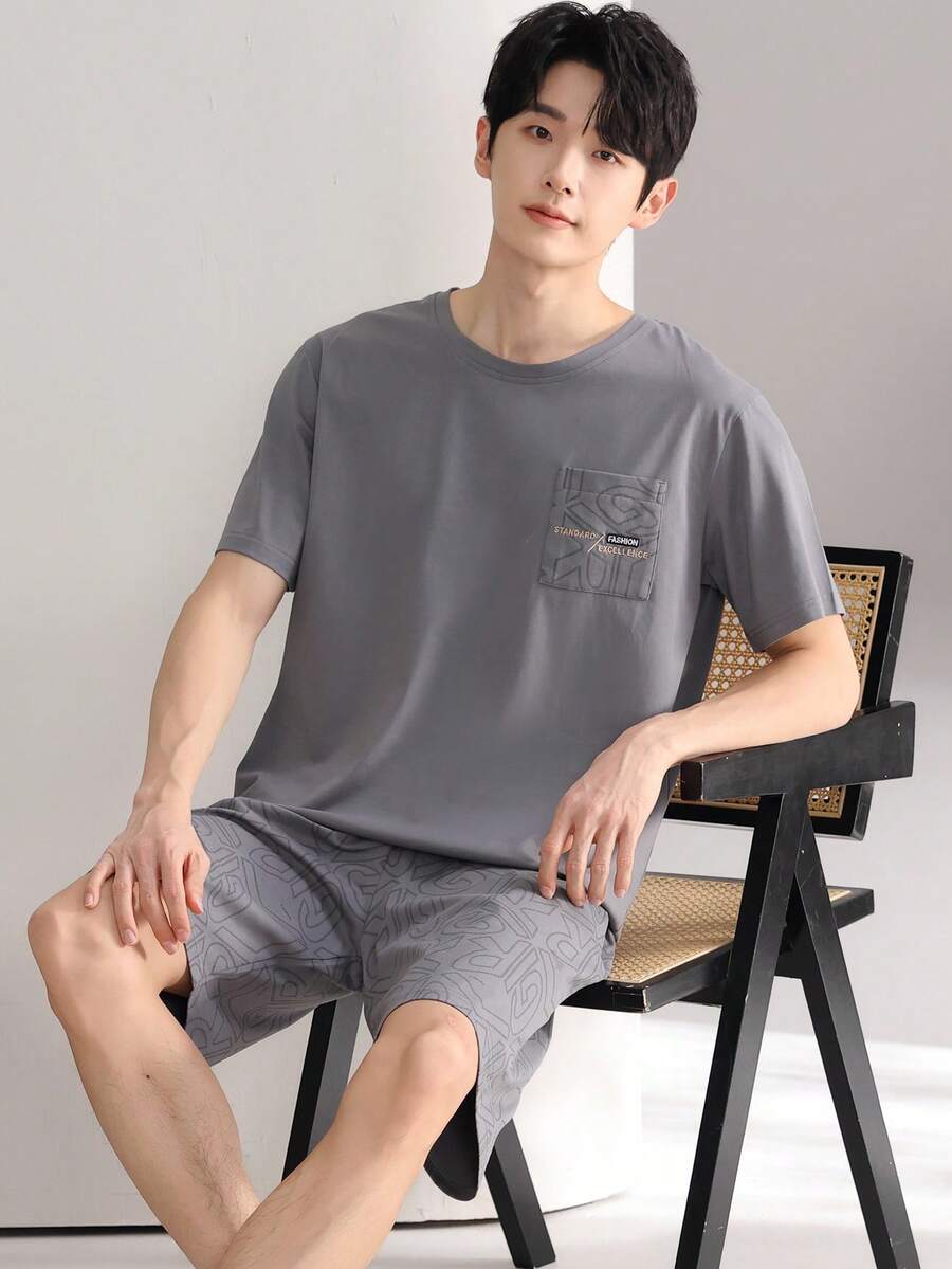 AICJ 男士纯色休闲宽松简约口袋圆领短袖格子短裤睡衣套装(2件套),适合春夏穿着 - 深灰色 - 查看 1