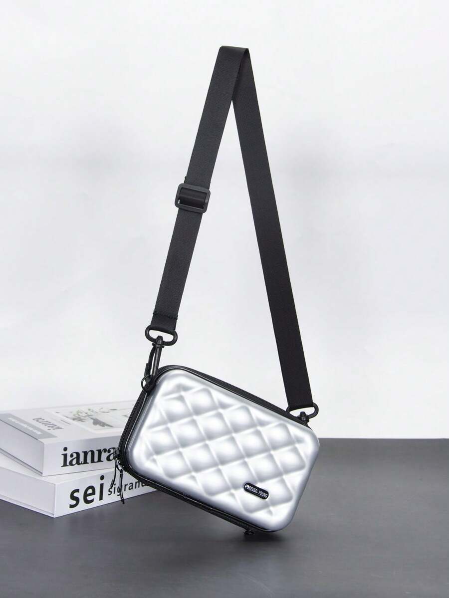 Bolso Bandolera Minimalista Mini con Diseño de Rombo, Carcasa Rígida de PVC Resistente al Agua, Casual y Versátil para Hombres - Plateado - Ver 1
