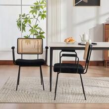 Modern Dining Chair, Set Of 2, Chenille Upholstery, With Armrests, Solid Wood Backrest Frame, Rattan Look, Adjustable Metal Legs - Black - View 3