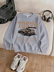 2pcs/Set Crew Neck Sweatshirt And Cargo Pants Outfit For Teen Boys, American Street Style Modified Racing Car Print Crew Neck Sweatshirt And Cargo Pants Matching Set, Suitable For Autumn/Winter Daily Wear - Multicolor - View 5