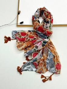 1pc Simple Printed Women's Scarf, Fashionable New Style Sun Protection Beach Shawl, Linen Feel Silk Scarf For Women - Red - View 2