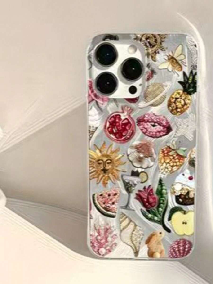 1 pieza Funda de teléfono con patrón de sol, fruta y flor de moda - Multicolor - Ver 1