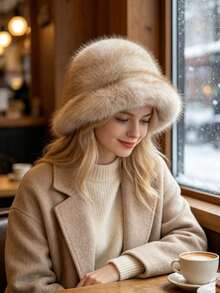 1 Peça Chapéu de Balde de Fleece Grosso Feminino, Chapéu Feminino Engrossado da Moda, Chapéu de Inverno Quente, Pode Ser Combinado com Casaco de Lã, Conjunto de Roupas de Inverno - Multicolorido - Visão 5