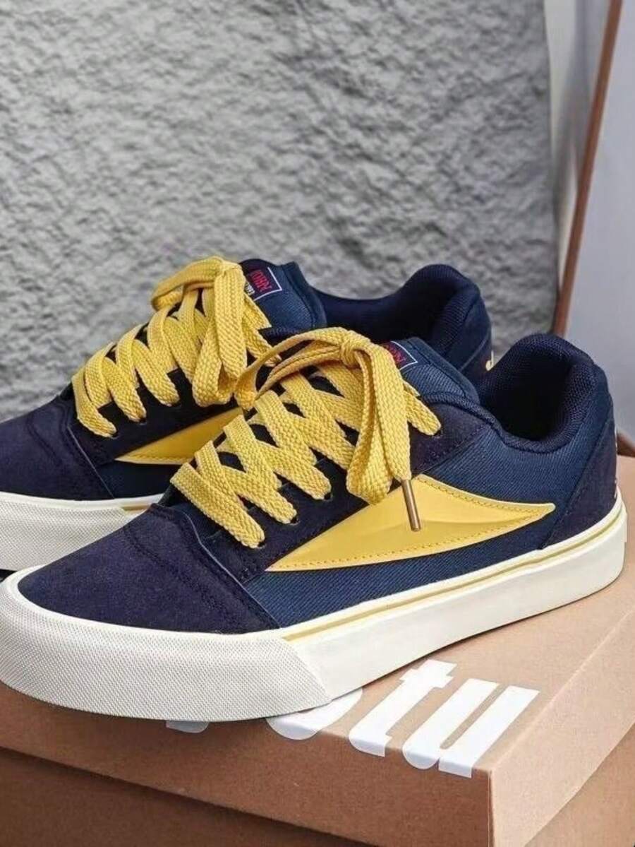 Unisex Fashion Versatile One-Piece Craft Contrast Color Side Triangle Minimalist Pattern Round Toe Low-Top Lace-Up Flat Skate Shoes Retro Style Daily Casual Navy Blue Yellow Canvas Sneakers - Navy Blue - View 1