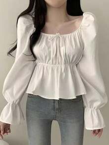 Korean Style Versatile Solid Color Chiffon Blouse, Square Collar Puff Sleeve Design, Cinched Waist Long Sleeve Elegant Top White - White - View 4