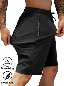 Men's Elastic Casual Sports Shorts, With Drawstring Waistband And Zipper Pockets, Suitable For Sports, Outdoor And Daily Wear, Summer Black - Black - View 1