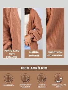Women's Knitted Cardigan Coat Puff Sleeve Elegant Casual Nude - 新米色 - 查看 5