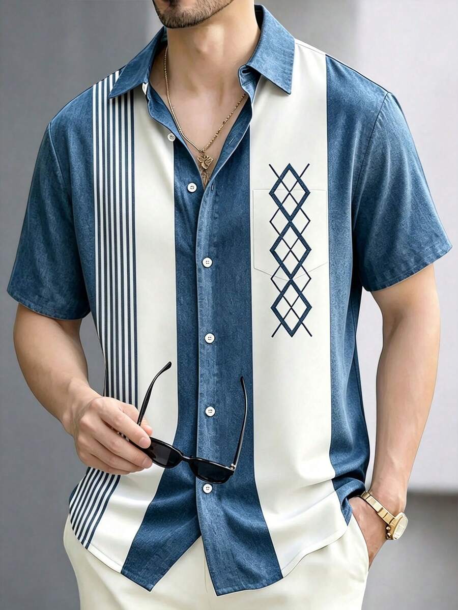 復古保齡球條紋幾何印花男士鈕扣口袋襯衫